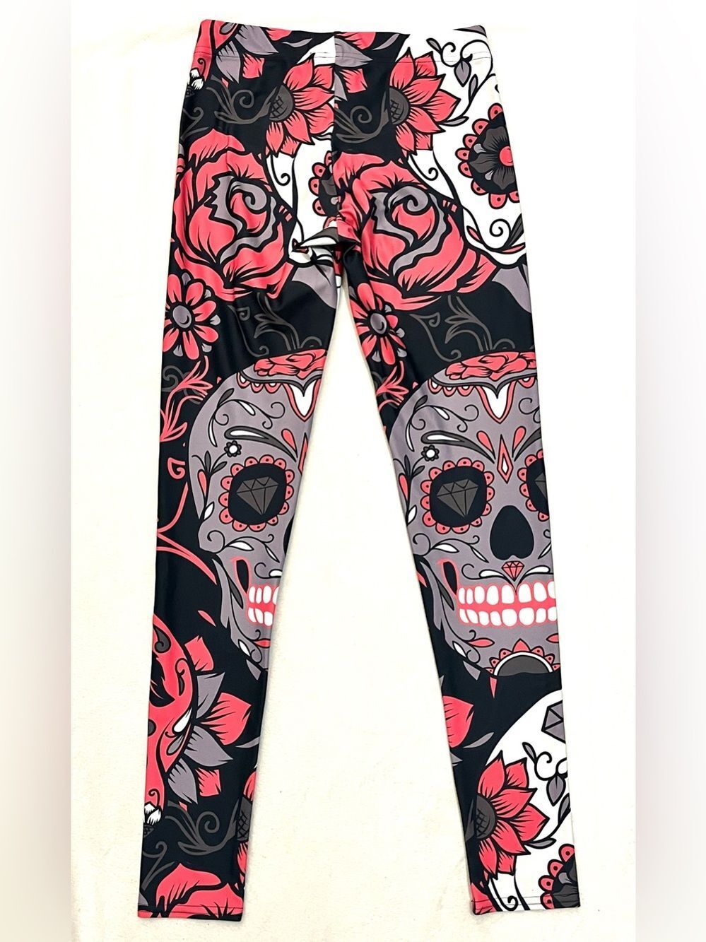 GearBunch Pink White Black Sugar Skull Day of the Dead Women’s Leggings Small - Picture 14 of 16